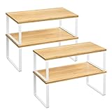 SONGMICS Organizzatori da Cucina, Set di 4 Scaffali da Banco, Portaoggetti per Armadietto, Impilabile, Espandibile, Metallo e Legno Ingegnerizzato, Bianco Nuvola e Beige Naturale KCS210W01