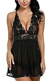 Tuopuda Lingerie Donna Sexy Stampa Pizzo con Scollo a V Erotico Sleepwear Donne Babydoll e G-String Set Camicia da Notte in Pizzo Pigiama Vestaglia Spalline Incrociate Regolabili, Nero, L