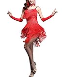 Mengmiao Vestito Latino da Ballo Glitter Paillettes Frangia Donna Elegante Senza Spalline Abito Rosso M