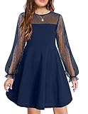 Arshiner Abito a Maniche Lunghe Vestito a Rete per Ragazze Abito a Trapezio Elegante e Casual Abito da Principessa Abito Estivo con Volant Blu Navy 120