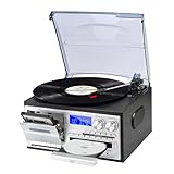 JORLAI 9 in 1 Giradischi a 3 velocità con telecomando, fonografo Bluetooth in vinile con altoparlanti incorporati CD/Cassette Radio AM/FM USB/SD/MMC 3,5 mm Aux-in/Rca-out, Nero