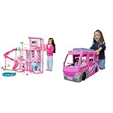 Barbie - Casa dei Sogni di Barbie, playset casa delle bambole con piscina, scivolo a 3 piani & Camper dei Sogni Playset con Veicolo, con Ruote, Piscina, Scivolo