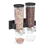 Relaxdays Dispenser Cereali Doppio, Montaggio a Parete, Distributore per Corn Flakes e Dolcetti, in Plastica, Nero, 1 pz