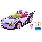 Monster High - Mostromobile, macchina giocattolo con animale, accessorio e ghiacciaia portatile, cabrio viola con dettagli a ragnatela, Giocattolo per Bambini 4+ Anni, HHK63