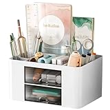 Newpop Organizer Scrivania, Portapenne da Scrivania con 5 Scomparti e 2 Cassetti, Organizzatore Multifunzionale di Penne Ufficio in Plastica, Portaoggetti Accessori da Scrivania per Casa, Scuola