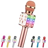 ShinePick Microfono Karaoke Bluetooth, Microfono bambini, Microfoni Wireless LED Flash Portatile Karaoke Player con Altoparlante per Android/iOS, PC e Smartphone(Oro Rosa)