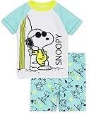 PEANUTS Snoopy Costume da Bagno per Ragazzi | Bambini 2 Pezzi T-Shirt Pantaloncini Animati Beagle Woodstock Cane Blu Tutto in Un Costume da Bagno Merchandise