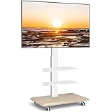 RFIVER Supporto TV da Pavimento Per TV da 26-65 Pollici LCD/LED/Plasma, Carrello Porta TV con Ruote Regolabile in Altezza Porta TV da Terra con 3 Ripiani Fino a 35kg, Max. VESA 400x400mm, Bianco