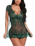 Sykooria Lingerie Donna Sexy Intima Pizzo Halter Babydoll e G-Stringa Confortevole Camicia da Notte Abiti Sexy Donna Aperto Verde Scuro M