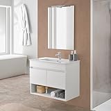 Mobile bagno sospeso 80 cm in legno bianco con due ante e vano a giorno, lavabo e specchio reversibile 60x80, OASI