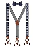 Set di bretelle e papillon da uomo, 2 WAY TO Wear 6 asole in pelle 3 fermagli Forma a Y 3,5 cm di larghezza bretelle estese per statura 160-200cm - A quadri Blu scuro & Bianco