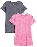 Amazon Essentials T-Shirt Girocollo a Maniche Corte Tech Stretch (Disponibile in Taglie Forti) Donna, Pacco da 2, Grigio Scuro Tintura Policromatica/Lampone Tintura Policromatica, S