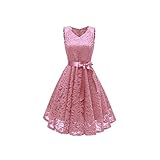 CHDWEY Abiti Elegant Formal Wedding Guest Midi Dresses for Women Floral Lace Embroidery Femme Solid Color Sleeveless Party Dress Swing Ruffle(Pink,L)