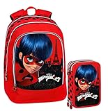 Miraculous Lady Bug Schoolpack Zaino Organizzato 3 Cerniere + Astuccio 3 zip completo di cancelleria - scuola 2019-20