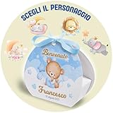 SLIDE 12 pz. Scatoline bomboniere portaconfetti personalizzate Prima Nascita, Battesimo, con nome e personaggio a scelta + 5mt. Nastro Raso - Facilissime da montare