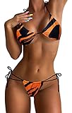 JFAN Costume da Bagno Donna Sexy Triangolo Bikini Due Pezzi Righe Stampate Costumi da Bagno Lucente Clubwear Arancione S