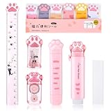 TIESOME Set di cancelleria a forma di zampa di gatto, 7 pezzi, articoli per la scuola Kawaii, include temperamatite, gomma retrattile, nastro di correzione, note adesive, righello, gomma, nucleo di