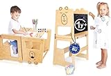 Kauza 3-in-1 Torre Montessoriana Trasformabile in Legno Naturale, Sgabello da Cucina e Bagno per Bambini con Lavagna, Torretta di Apprendimento Pieghevole con Tavolo e Sedia, Sicura da 1 Anno