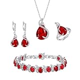 EVER FAITH Bridal Goccia Zirconia cubica Set di gioielli per la sposa damigella d onore, Rubino Birthstone Pendant Necklace Earrings Tennis Bracciale Aperto Ring Set for Women Rosso Argento fondo