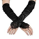 MWOOT 1 Paio di Guanti Lunghi Eleganti, Guanti in Nero Pizzo Raso Lunghi Senza Dita, Black Fingerless Lace Gloves, Retrò 1920s Elasticizzato Guanti da Donna per Matrimonio Partito Opera Sera Banchetti