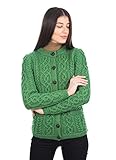 SAOL Cardigan da donna in 100% lana merino, con bottoni irlandesi, lavorato a maglia, con tasche, Verde, L