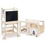 Labebe Sgabello per bambini, sgabello da cucina per bambini, torre di legno per l apprendimento con lavagna, set pieghevole di tavolo e sedia per bambini