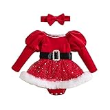 Carolilly Abito Neonata di Natale 2 Pezzi Tutina Manica Lunga Rosso con Gonna in Tulle + Fascia con Fiocco Vestito Natalizio Elegante per Bambina 0-24 Mesi (Rosso, 3-6 Months)