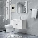 UEV Mobile Bagno Sospeso con Lavabo in Ceramica, 60CM Lavandino Bagno con 2 Cassetti, Lavandino Bagno con Mobiletto Moderno, Soft-Close, Bianco