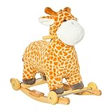 HOMCOM Cavallo a Dondolo per Bambini a Giraffa con Ruote e Suoni, Gioco Cavalcabile per Bambini 3-6 Anni in Peluche e Legno, 63x38x63cm, Giallo