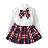 Completo da bambina per bambina Camicetta bianca a maniche lunghe Camicia Bowknot Tops + Plaid Vestito a trapezio Gonna a pieghe uniforme per ragazze della scuola rossa 15 6-7 anni