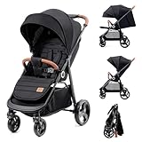 Kinderkraft GRANDE PLUS Passeggino Leggero dalla Nascita fino 22 kg, Pieghevole con una mano, Posizione Sdraiata, L ammortizzazione su tutte le ruote, Cappottina XL, Nero