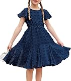 Flypigs Vestito da Ragazza Elegante Carino Elegante Principessa al Ginocchio Abiti in Chiffon Vestito Estivo Vestito Casual Bambini Blu Scuro 11-12 Anni