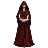 BLESSUME Medievale Abito Lungo Donna con Cappuccio Partito Rinascimento Costume Cosplay (Borgogna, S)