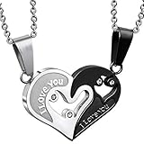 2 pezzi in acciaio inox collana coppia innamorata per 2, ciondolo coppia innamorata, cuore collana ciondolo donna uomo argento nero amore ciondolo cuore separabile amica puzzle catena 50 cm e 55 cm