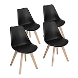 EGGREE - Set di 4 sedie da pranzo, stile rétro, con gambe in legno massello di faggio e imbottitura, colore: nero