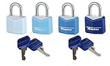 Master Lock 9123EURQCOLNOP 4 lucchetti Alluminio Rivest. colorato 20mm con Arco Acciaio 11mm Apertura Chiave Unica, 4 Sfumature di Rosa, Verde, Blu, Nero