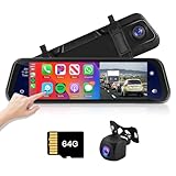 Podofo 9,66" Specchio Dash Cam, 1080P Specchio Telecamera Posteriore con Wireless Carplay Android Auto Bluetooth Voice Control/Parking Guide Line+64G TF Card