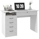 HOMCOM Scrivania Moderna con 5 Cassetti e Scomparto Aperto, Scrivania per Ufficio e Studio con Serratura e 2 Chiavi, 110x50x76cm, Bianco