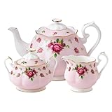 Royal Albert Modern Vintage NCRPNK25823 - Teiera, zuccheriera, lattiera, set da 3 pezzi, in porcellana Bone China, 1200 ml, motivo: rose campestri rosa