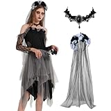 Ulikey Vestito Halloween Sposa Cadavere, Costume Halloween Donna Sposa, Abito Halloween Sposa Cadavere con Velo e Collana, Sposa Fantasma per Donna per Halloween Carnevale Sfilate Cosplay Feste (S)