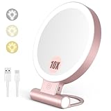 PASUIDU Specchio Trucco con Luci,10x/1x Doppia Faccia Specchio Ingranditore Specchio led Trucco con 3 Colori,Ricaricabile e Pieghevole,Specchio con Luce per Trucco e Viaggi