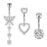 NIUSIMAN 3 pezzo ombelico Piercing,14G argento ombelico Piercing in acciaio chirurgico cuore farfalla ombelico gioielli Diamante ombelico Piercing lungo Barbell Set per le donne