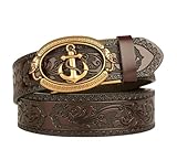 xichuangyuXCY Cintura da uomo, stile classico, stile retrò, Dragon Ratchet Buckle da uomo, in pelle intagliata, casual, da lavoro, Brown Flower Pattern Anchor, M