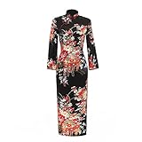 CIDCIJN Vestito Cinese - Plus Size Shanghai Faux Silk Floral Qipao Vintage Abito in Stile Cinese Abito Orientale Peacock Cheongsam Abito Cinese Lungo, Fiore Nero, S