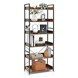 HOMASIS Scaffale Legno a 6 Livelli con 4 Ganci, Libreria da Parete Regolabile in Altezza in Legno, Scaffalatura Industriale con Schienale da Soggiorno, Cucina, Portata 120 kg, Marrone