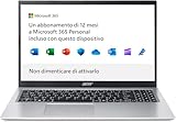 Acer Aspire 1 A115-32-C56R PC Portatile, Notebook, Processore Intel Celeron N4500, RAM 4 GB DDR4, 128 GB eMMC, Display 15.6" FHD LED LCD, Intel UHD, Microsoft 365, Windows 11 Home in S mode, Silver