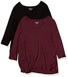 Amazon Essentials T-Shirt Swing con Maniche a 3/4 e Scollo a v (Taglie Forti Disponibili) Donna, Pacco da 2, Nero/Bordeaux, XL