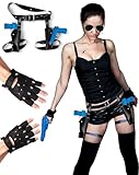 Lara Croft Style Tomb Raider Twin Guns Fondina coscia e guanti in pelle senza dita avventuriero tempio corridore costume, nero/blu, Taglia unica