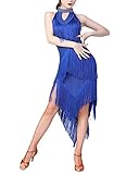 Abito da Ballo Latino Donne Strass Abito con Frange Salsa Tango Sala Costume da Ballo Vestiti Salsa Abiti Danze,Blu,XL