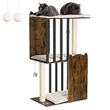 FourFurPets 3-Tier Modern Albero per Gatti Alto 111 cm, Tiragraffi per Gatti, con 2 Pali Graffiatoi in sisal, 3 Piattaforma Grande, Pompon, Marrone Vintage